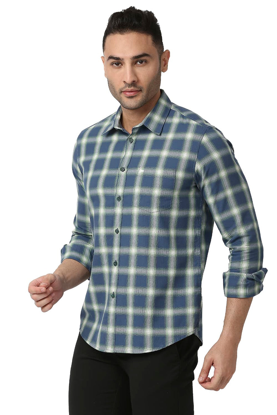 BASICS SLIM FIT LEGION BLUE COTTON TWILL CHECKS SHIRT