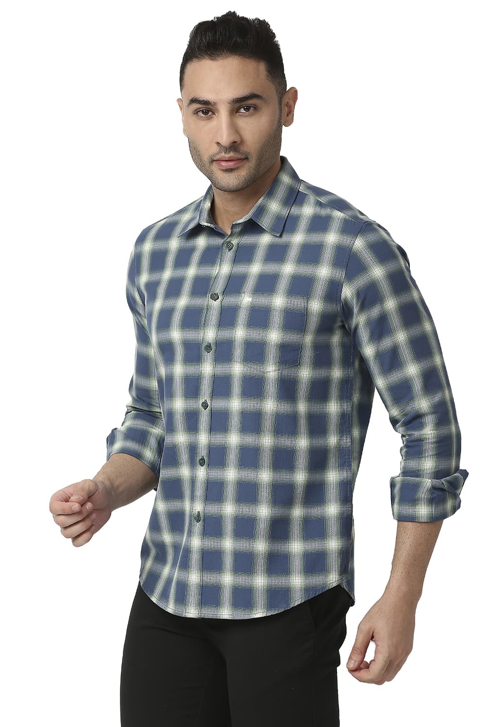 BASICS SLIM FIT COTTON TWILL CHECKS SHIRT