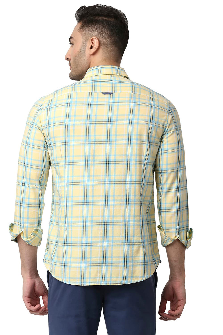 BASICS SLIM FIT FRENCH YELLOW COTTON TWILL CHECKS SHIRT