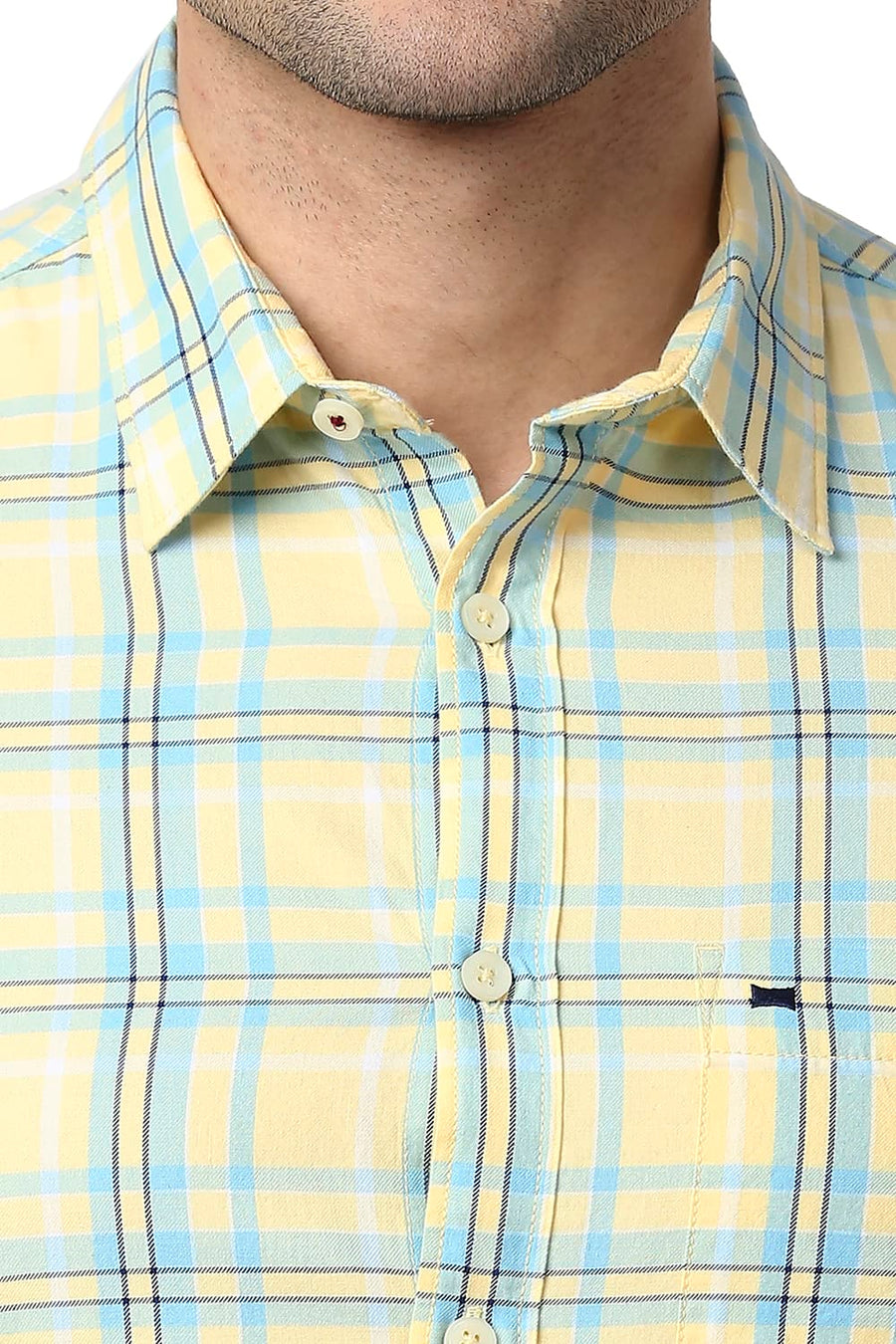 BASICS SLIM FIT FRENCH YELLOW COTTON TWILL CHECKS SHIRT