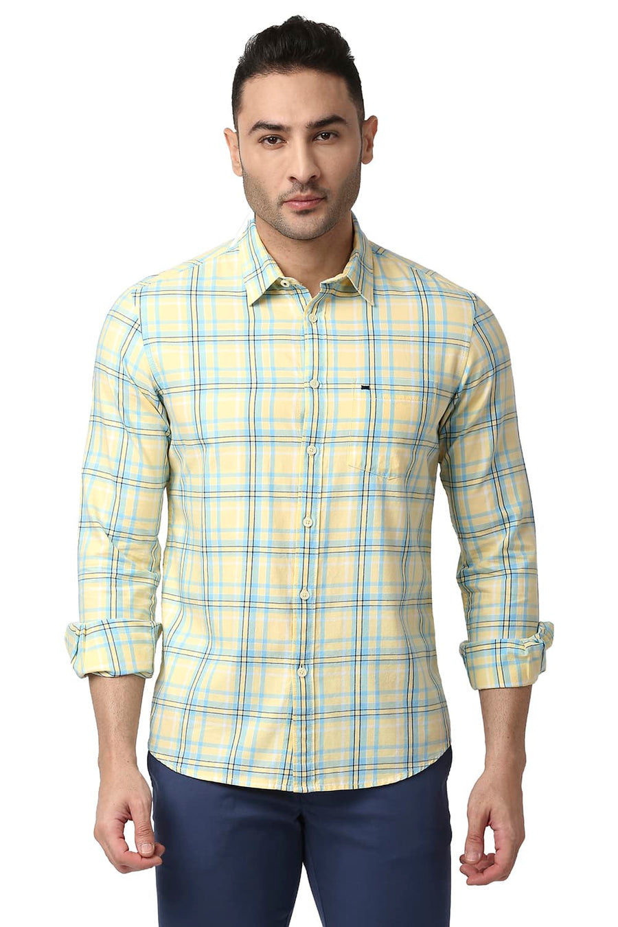 BASICS SLIM FIT FRENCH YELLOW COTTON TWILL CHECKS SHIRT