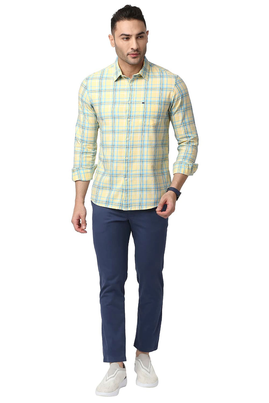 BASICS SLIM FIT FRENCH YELLOW COTTON TWILL CHECKS SHIRT