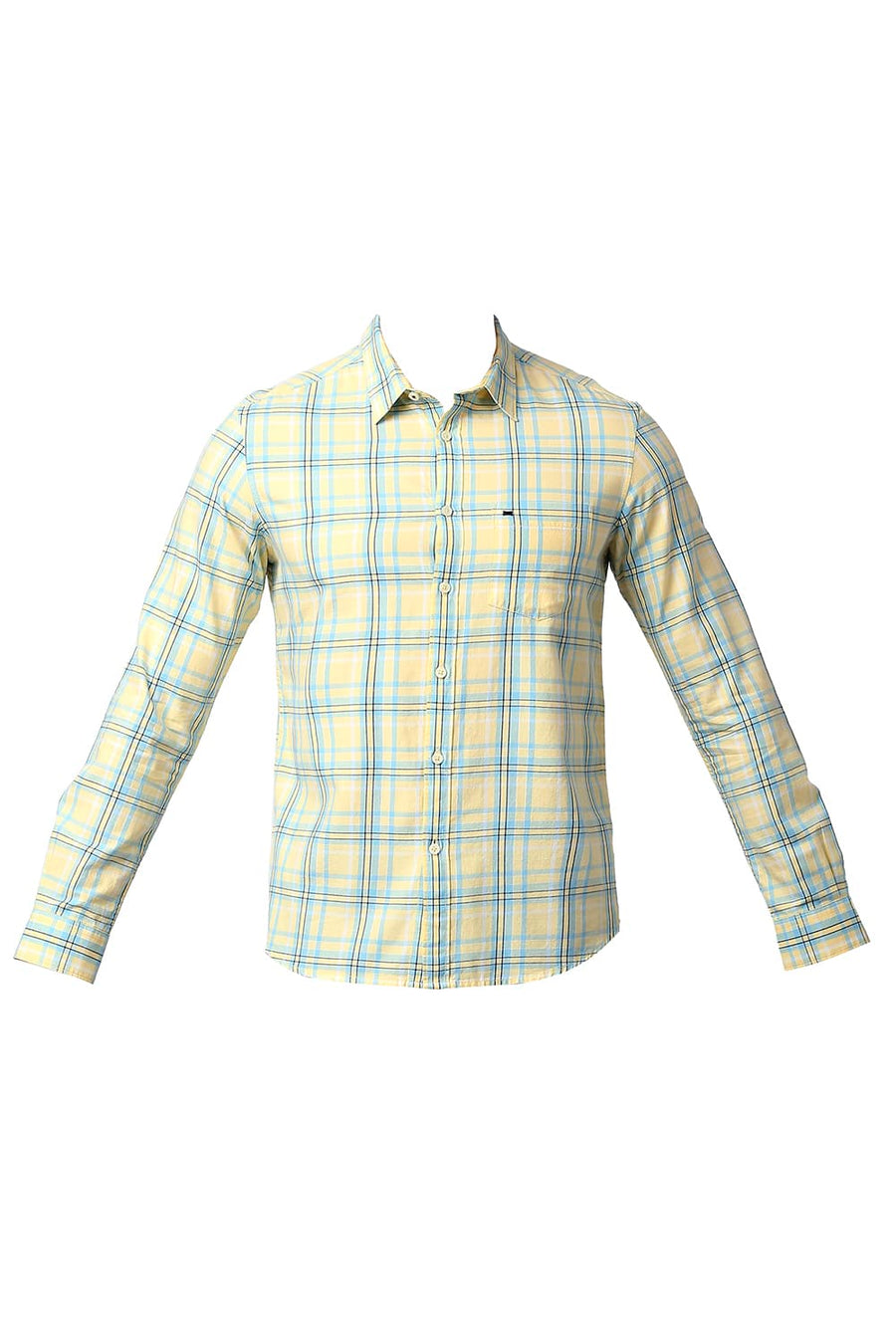BASICS SLIM FIT FRENCH YELLOW COTTON TWILL CHECKS SHIRT