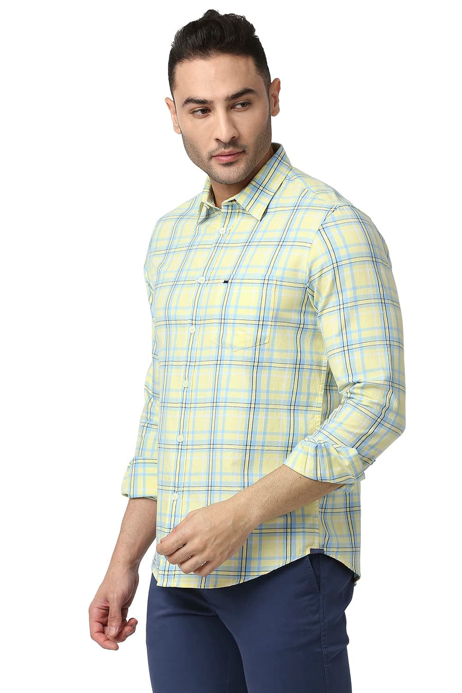 BASICS SLIM FIT FRENCH YELLOW COTTON TWILL CHECKS SHIRT