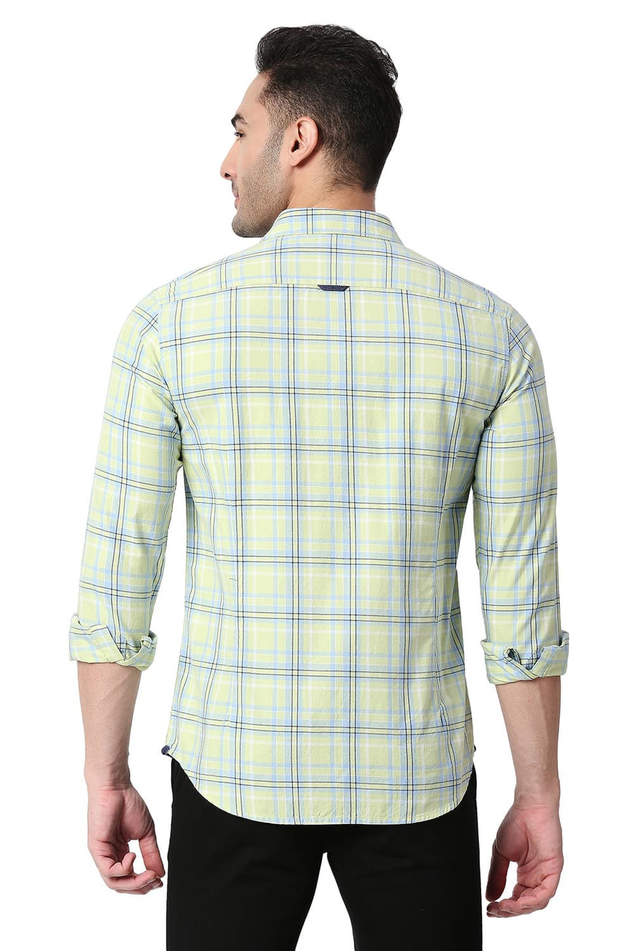 BASICS SLIM FIT FOAM GREEN COTTON TWILL CHECKS SHIRT