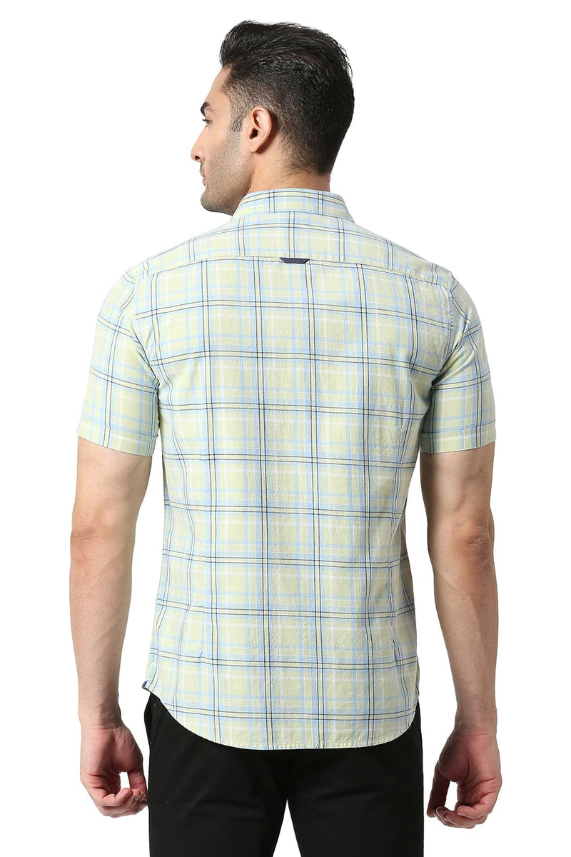 BASICS SLIM FIT COTTON TWILL CHECKS HALFSLEEVES SHIRT