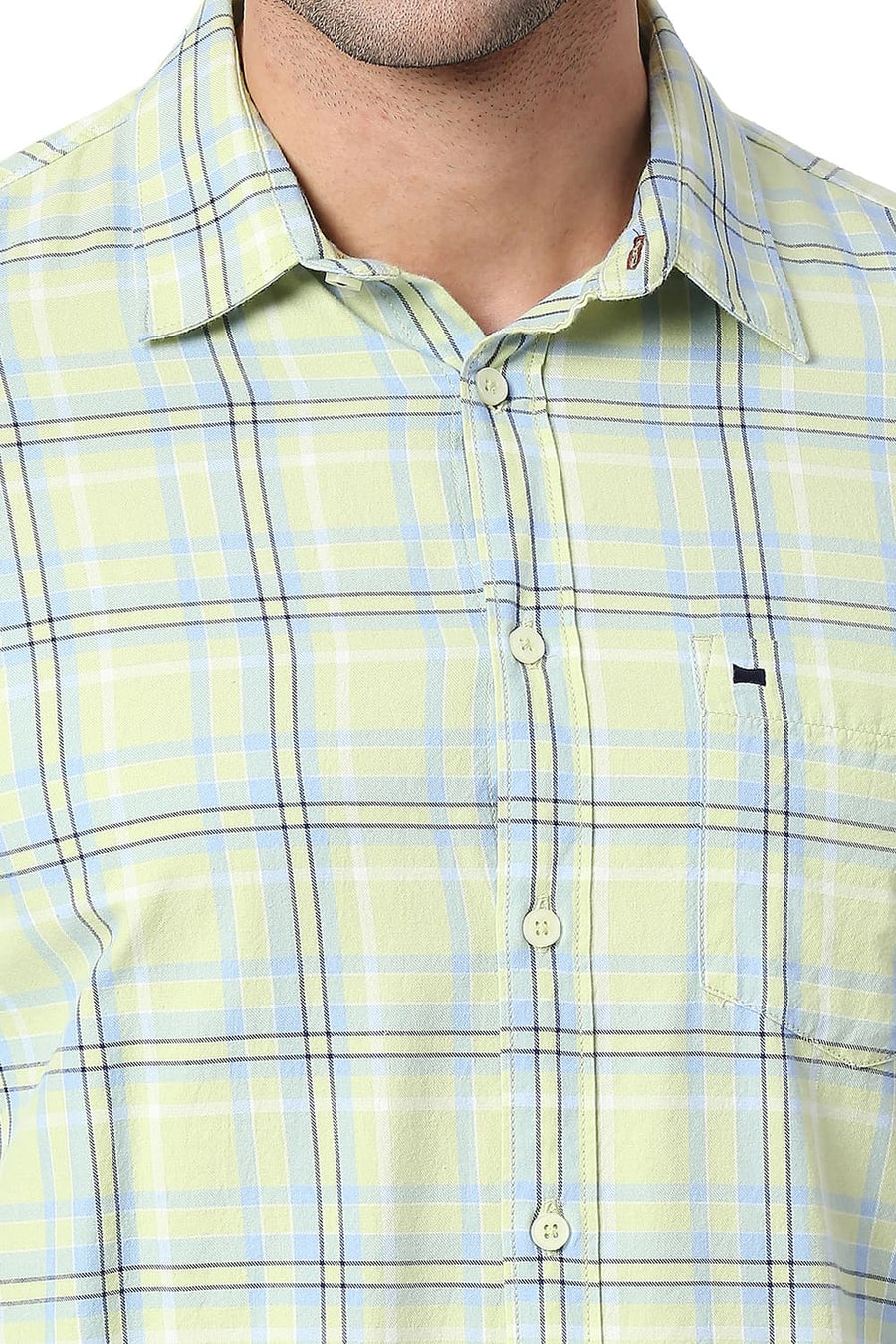 BASICS SLIM FIT FOAM GREEN COTTON TWILL CHECKS SHIRT