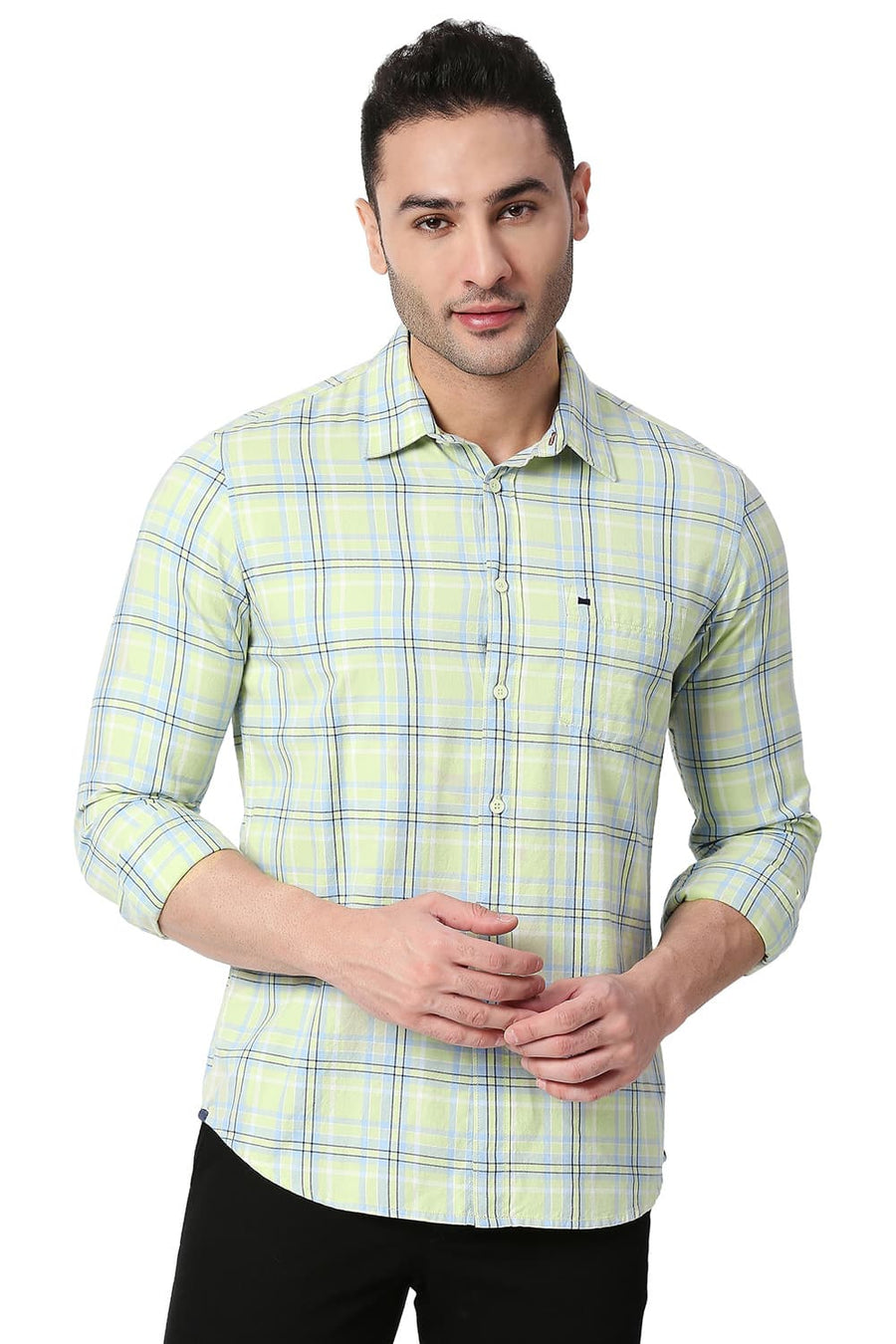 BASICS SLIM FIT FOAM GREEN COTTON TWILL CHECKS SHIRT