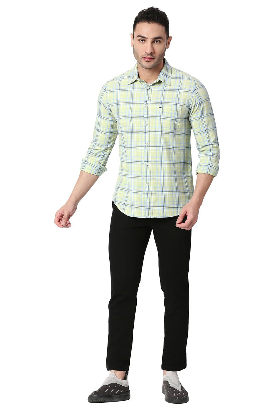 BASICS SLIM FIT FOAM GREEN COTTON TWILL CHECKS SHIRT