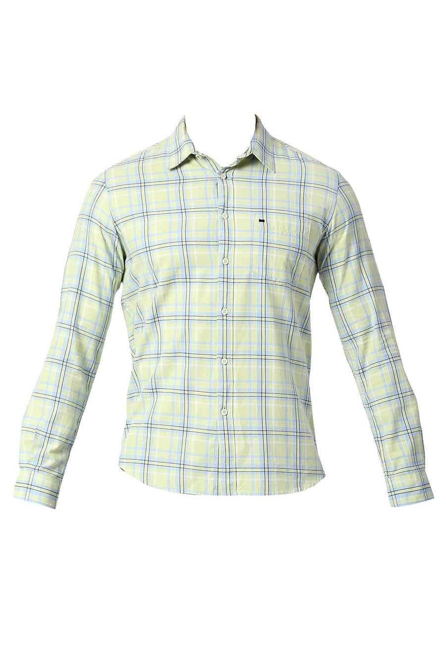BASICS SLIM FIT FOAM GREEN COTTON TWILL CHECKS SHIRT