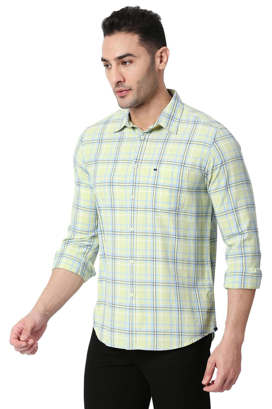 BASICS SLIM FIT FOAM GREEN COTTON TWILL CHECKS SHIRT