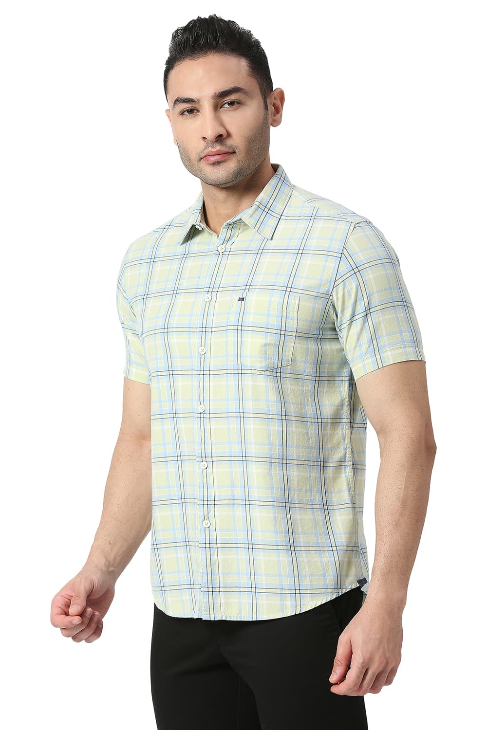 BASICS SLIM FIT COTTON TWILL CHECKS HALFSLEEVES SHIRT