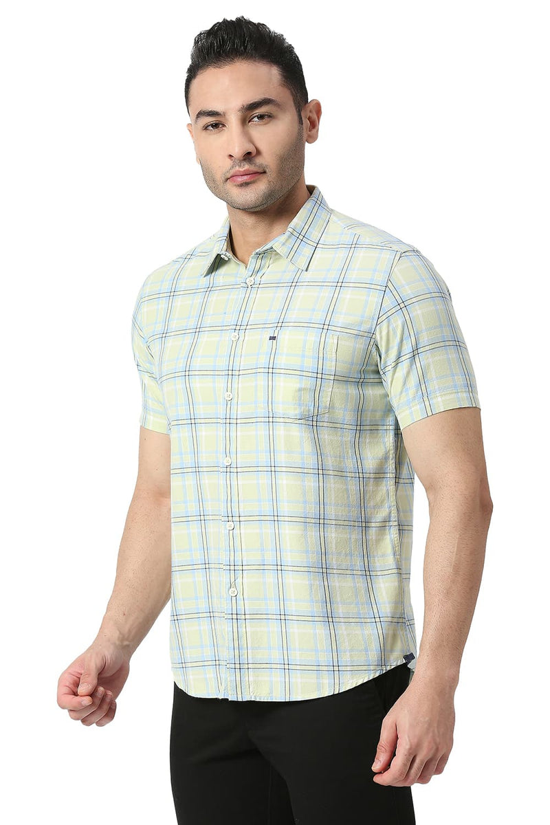 BASICS SLIM FIT COTTON TWILL CHECKS HALFSLEEVES SHIRT