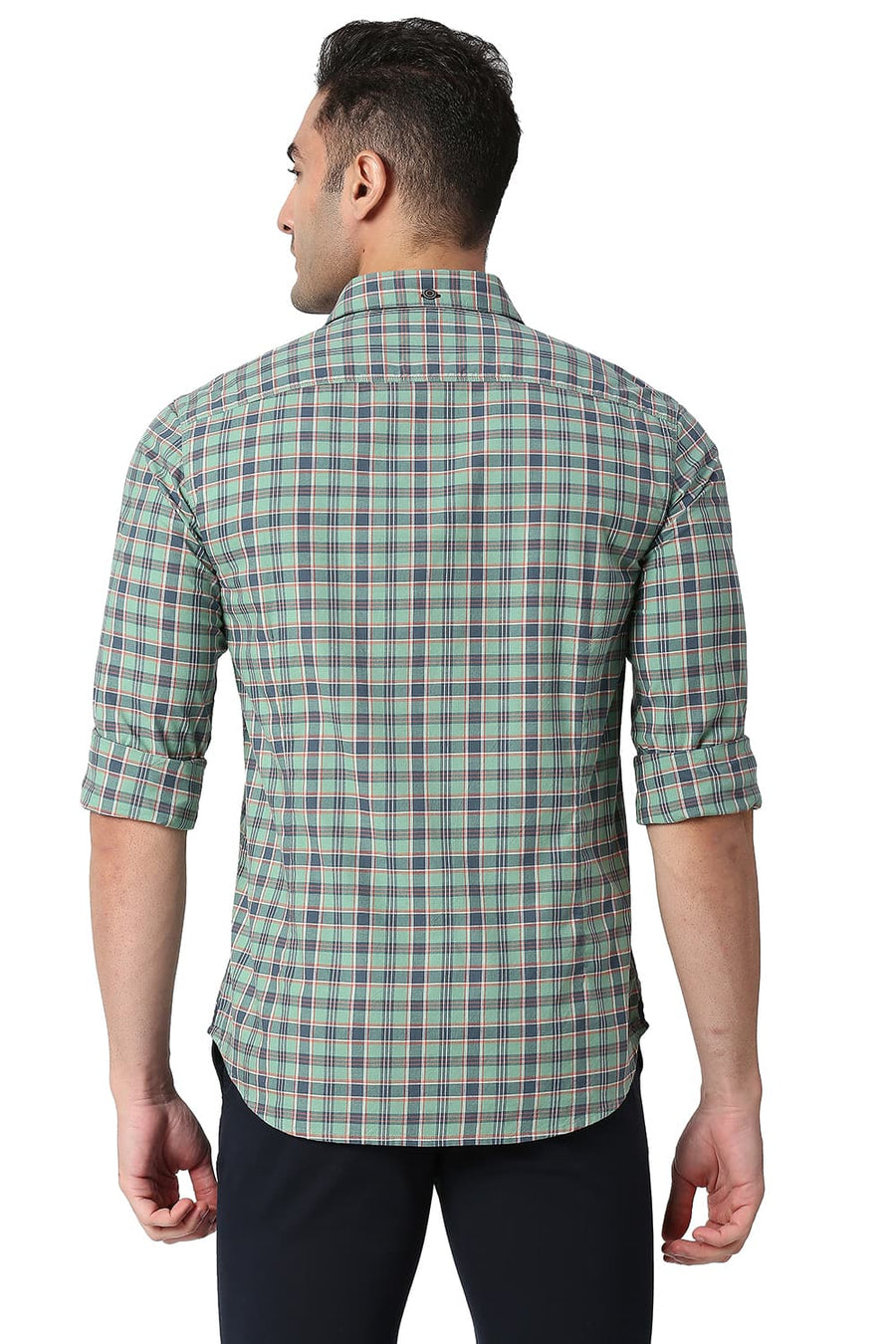 BASICS SLIM FIT LICHEN GREEN COTTON OXFORD CHECKS SHIRT