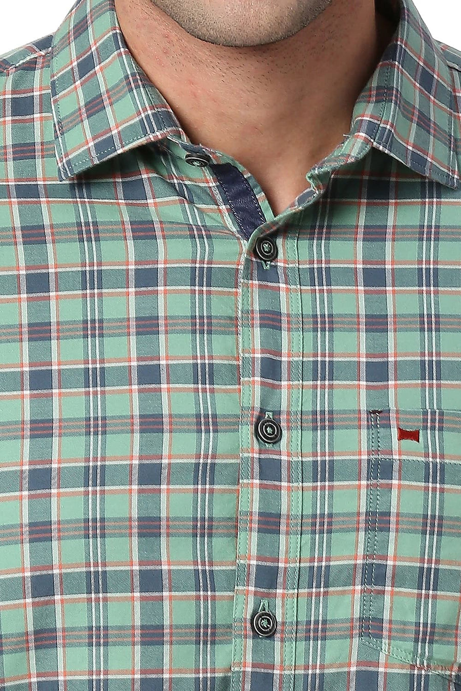 BASICS SLIM FIT LICHEN GREEN COTTON OXFORD CHECKS SHIRT