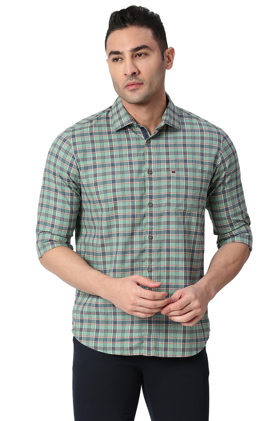 BASICS SLIM FIT LICHEN GREEN COTTON OXFORD CHECKS SHIRT