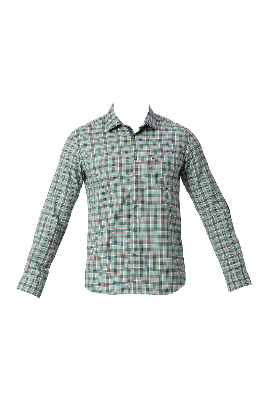 BASICS SLIM FIT LICHEN GREEN COTTON OXFORD CHECKS SHIRT
