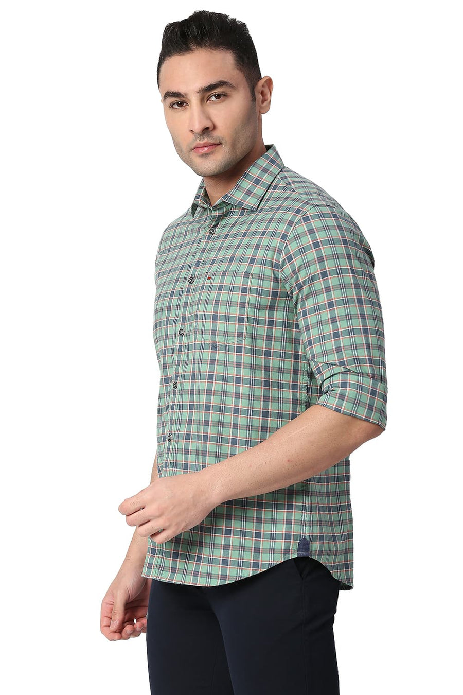 BASICS SLIM FIT LICHEN GREEN COTTON OXFORD CHECKS SHIRT