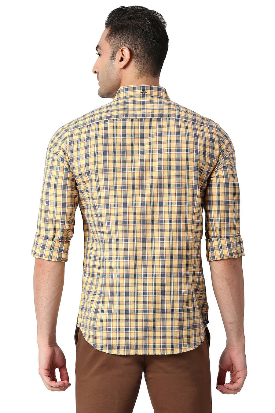 BASICS SLIM FIT BANANA YELLOW COTTON OXFORD CHECKS SHIRT