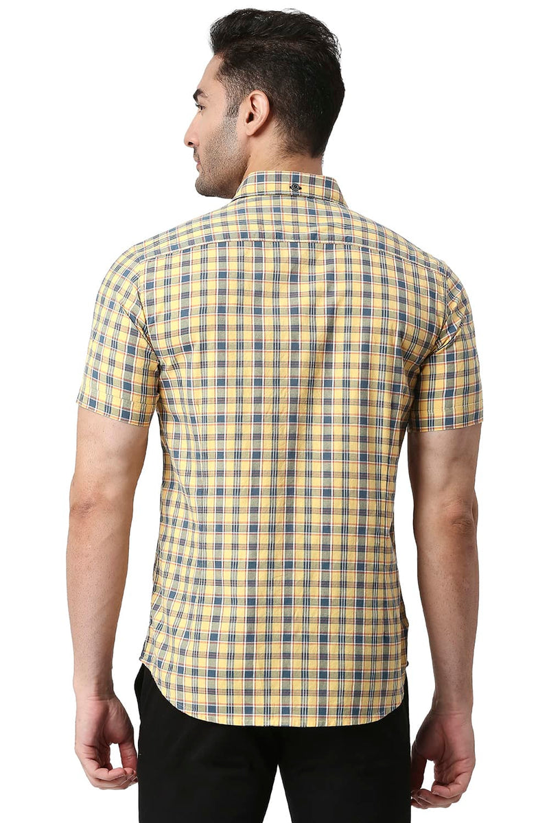 BASICS SLIM FIT COTTON OXFORD CHECKS HALFSLEEVES SHIRT