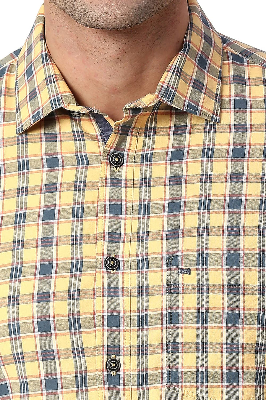 BASICS SLIM FIT BANANA YELLOW COTTON OXFORD CHECKS SHIRT