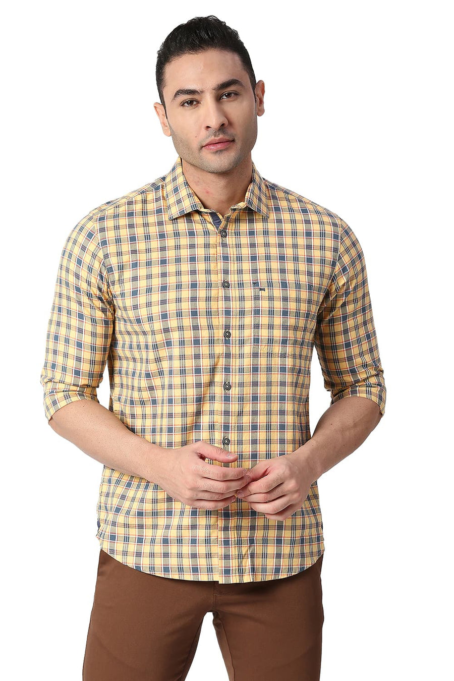 BASICS SLIM FIT BANANA YELLOW COTTON OXFORD CHECKS SHIRT