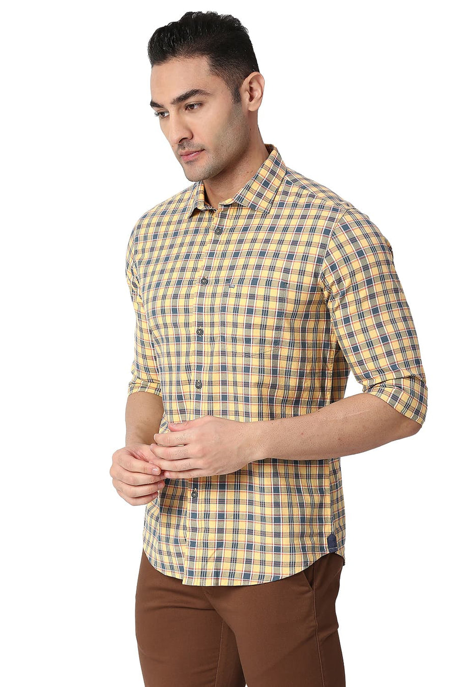 BASICS SLIM FIT BANANA YELLOW COTTON OXFORD CHECKS SHIRT