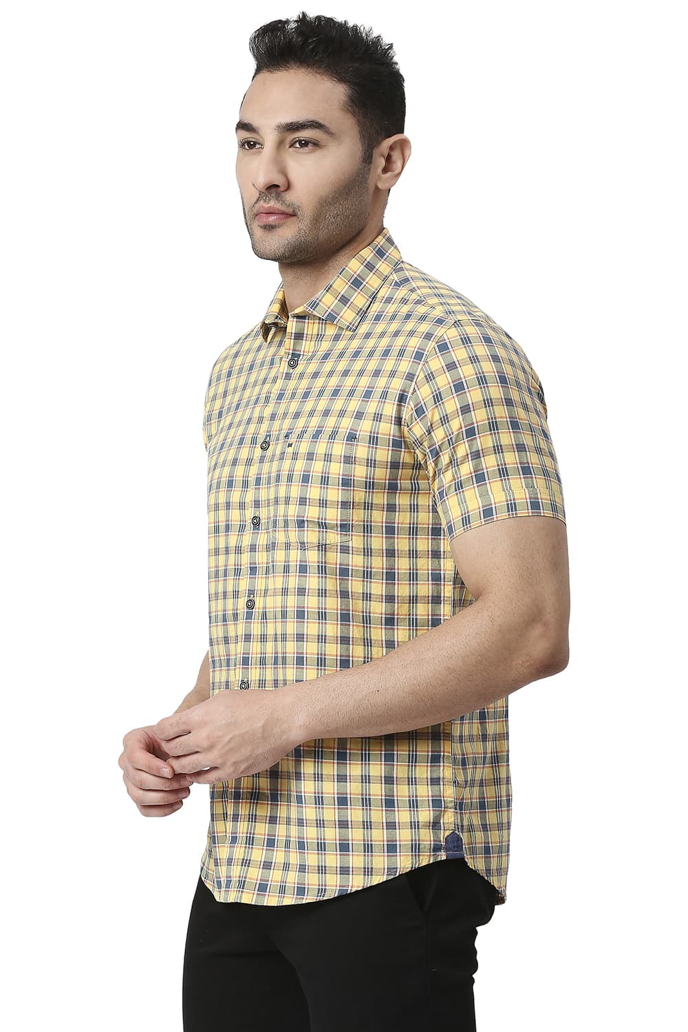 BASICS SLIM FIT COTTON OXFORD CHECKS HALFSLEEVES SHIRT