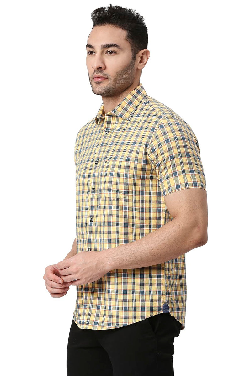 BASICS SLIM FIT COTTON OXFORD CHECKS HALFSLEEVES SHIRT