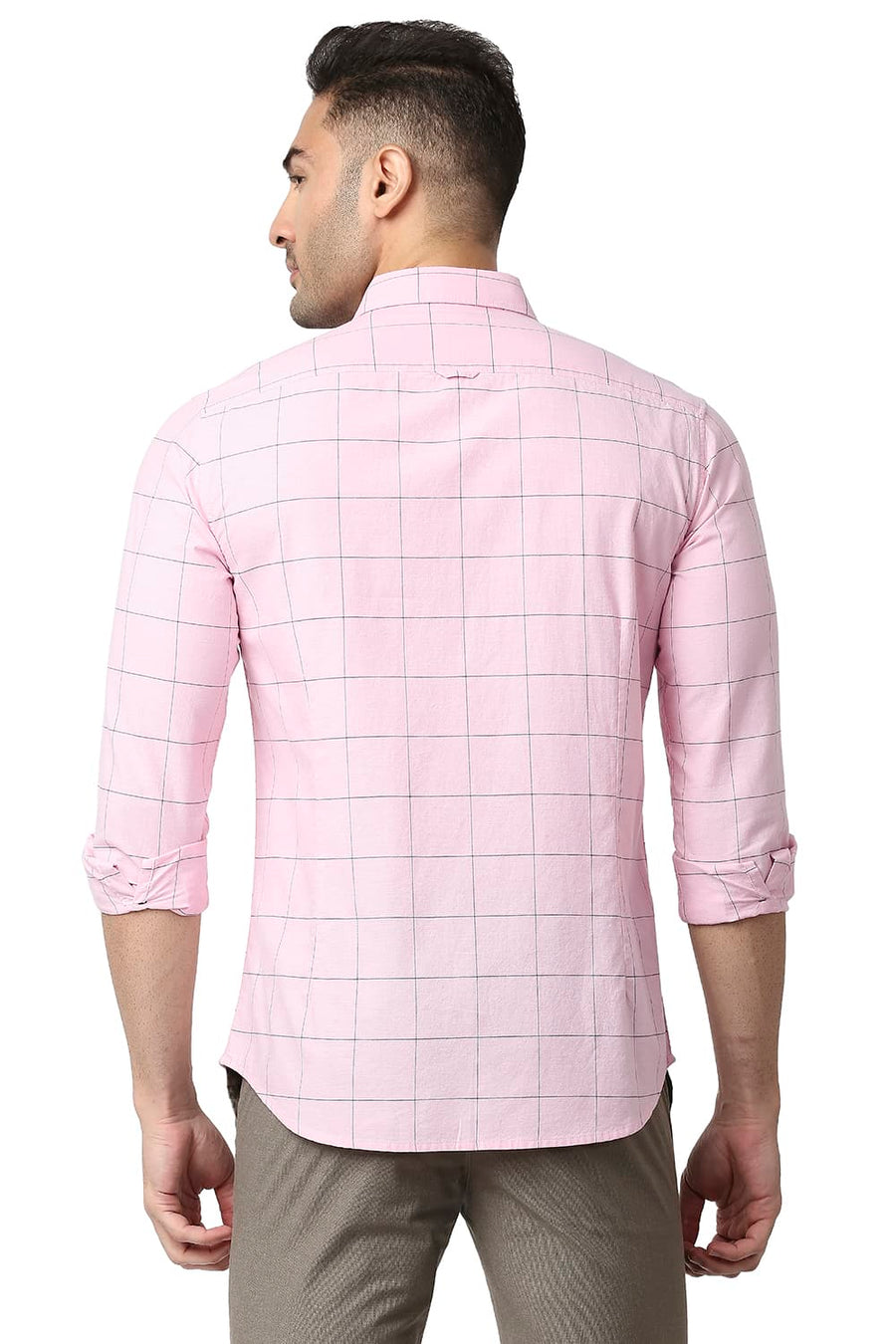 BASICS SLIM FIT CHALK PINK COTTON OXFORD CHECKS SHIRT