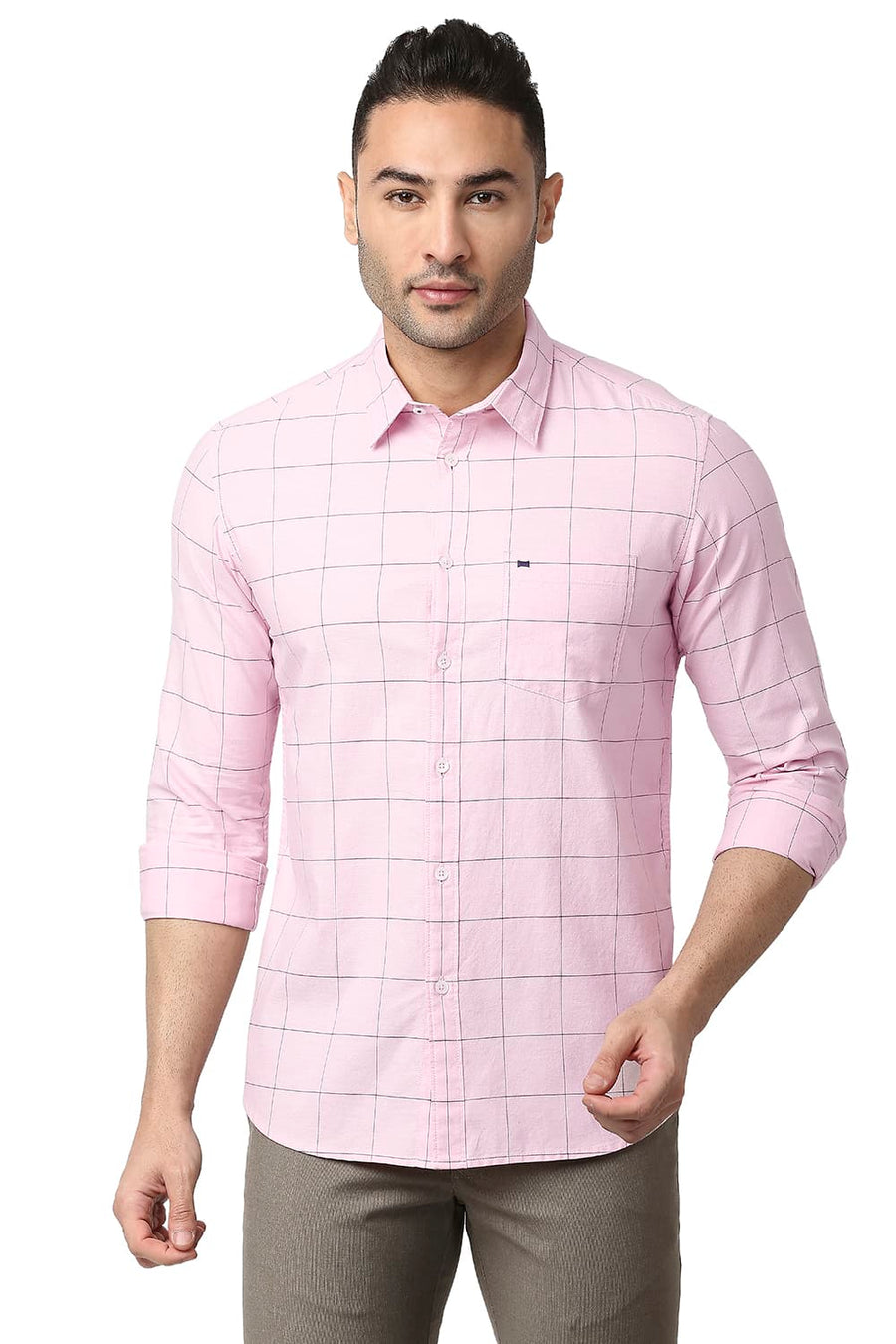 BASICS SLIM FIT CHALK PINK COTTON OXFORD CHECKS SHIRT