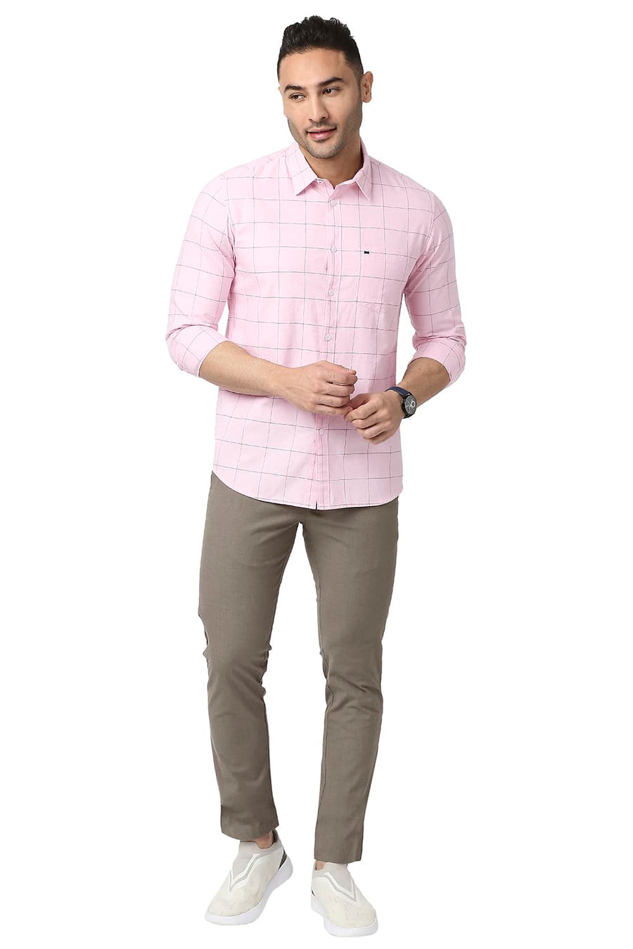 BASICS SLIM FIT CHALK PINK COTTON OXFORD CHECKS SHIRT