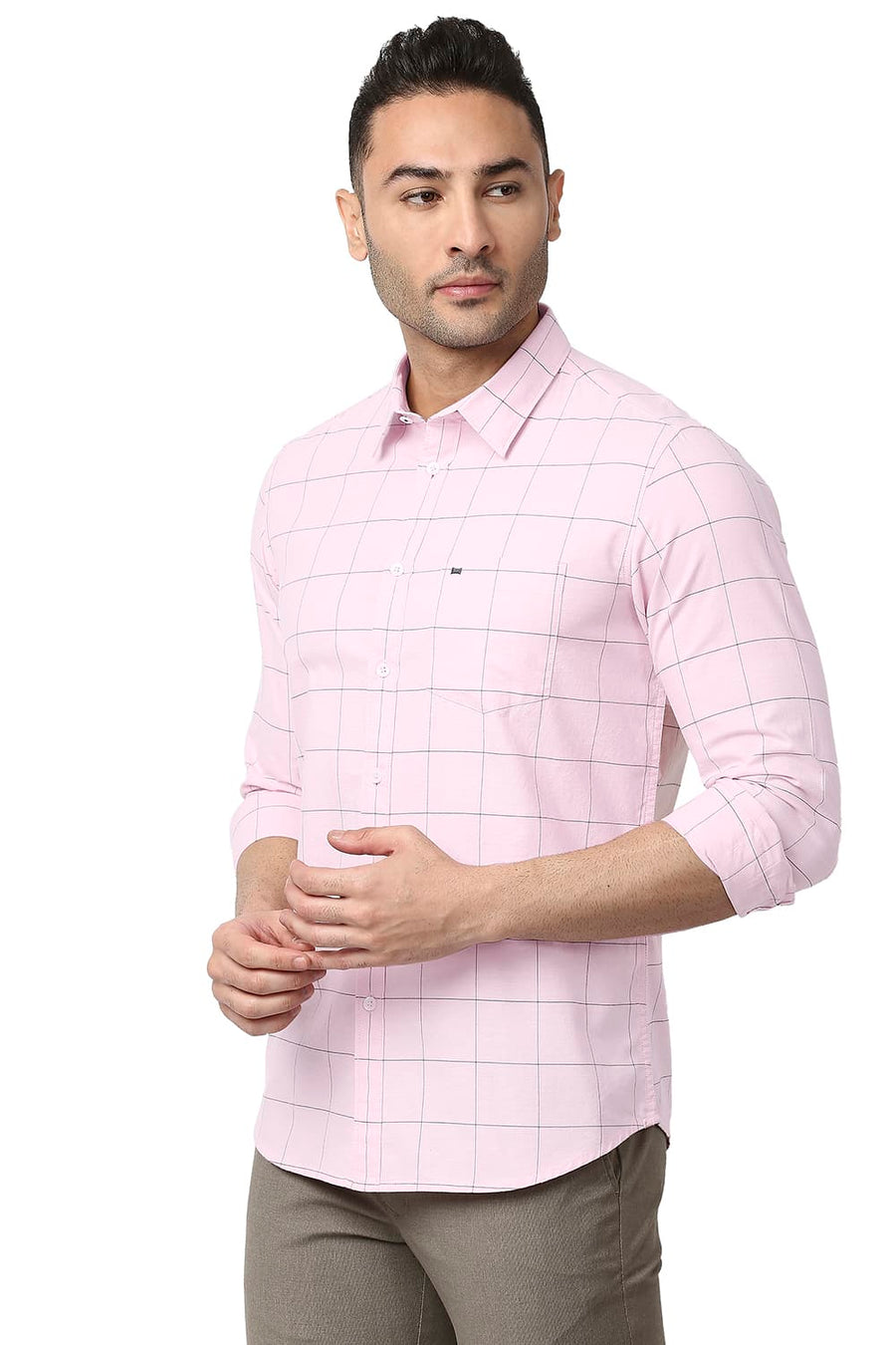 BASICS SLIM FIT CHALK PINK COTTON OXFORD CHECKS SHIRT
