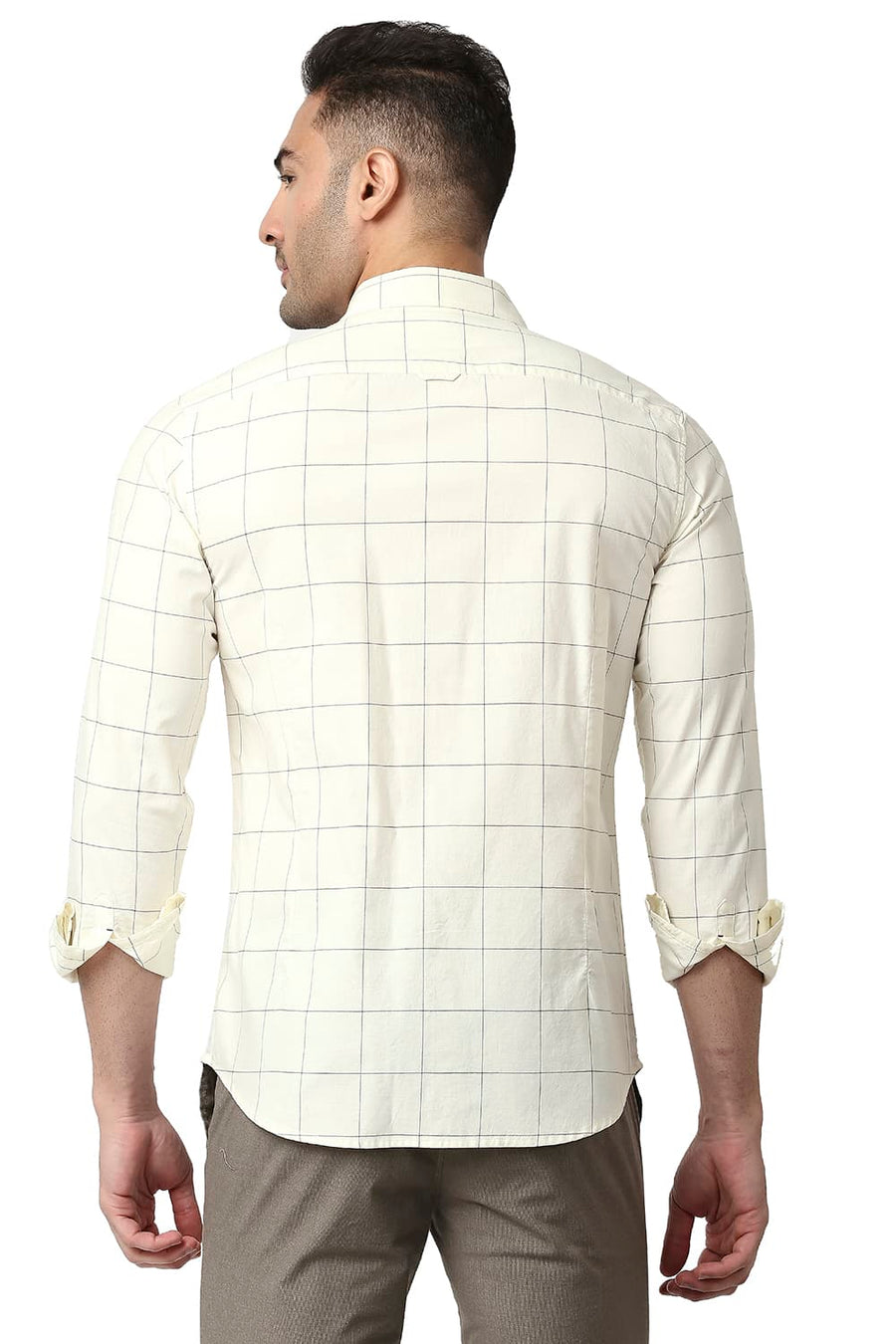 BASICS SLIM FIT ICING YELLOW COTTON OXFORD CHECKS SHIRT