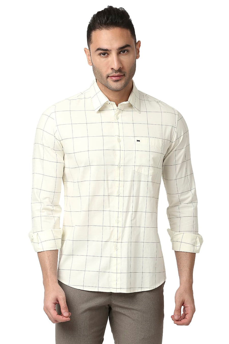 BASICS SLIM FIT ICING YELLOW COTTON OXFORD CHECKS SHIRT