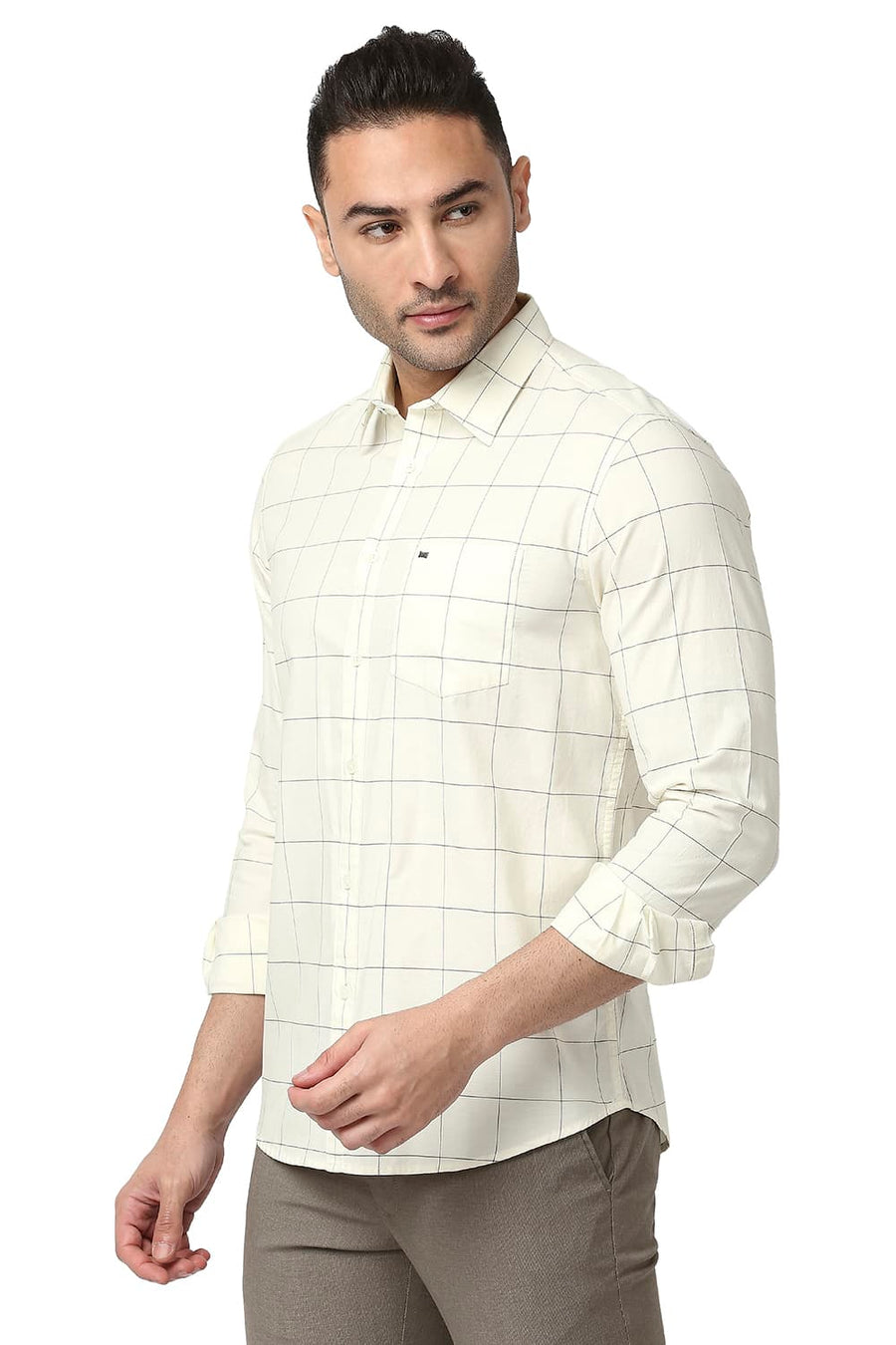 BASICS SLIM FIT ICING YELLOW COTTON OXFORD CHECKS SHIRT