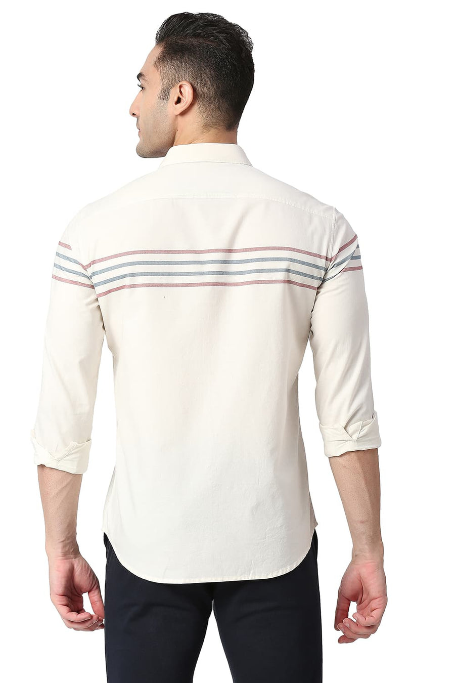 BASICS SLIM FIT WHISPER YELLOW COTTON OXFORD WEFT ENG STRIPE SHIRT