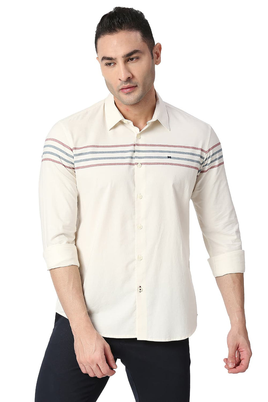 BASICS SLIM FIT WHISPER YELLOW COTTON OXFORD WEFT ENG STRIPE SHIRT