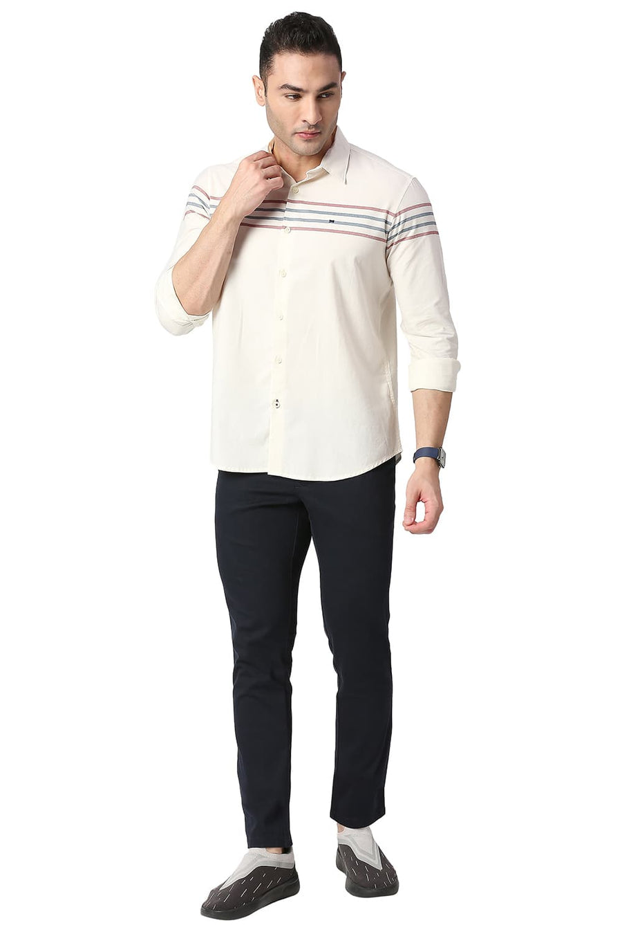 BASICS SLIM FIT WHISPER YELLOW COTTON OXFORD WEFT ENG STRIPE SHIRT