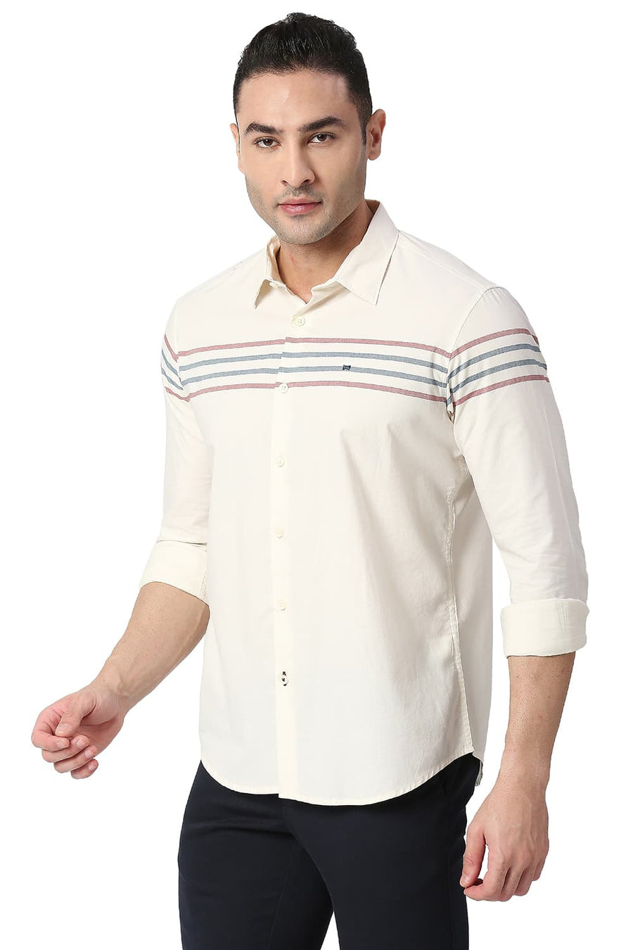 BASICS SLIM FIT WHISPER YELLOW COTTON OXFORD WEFT ENG STRIPE SHIRT