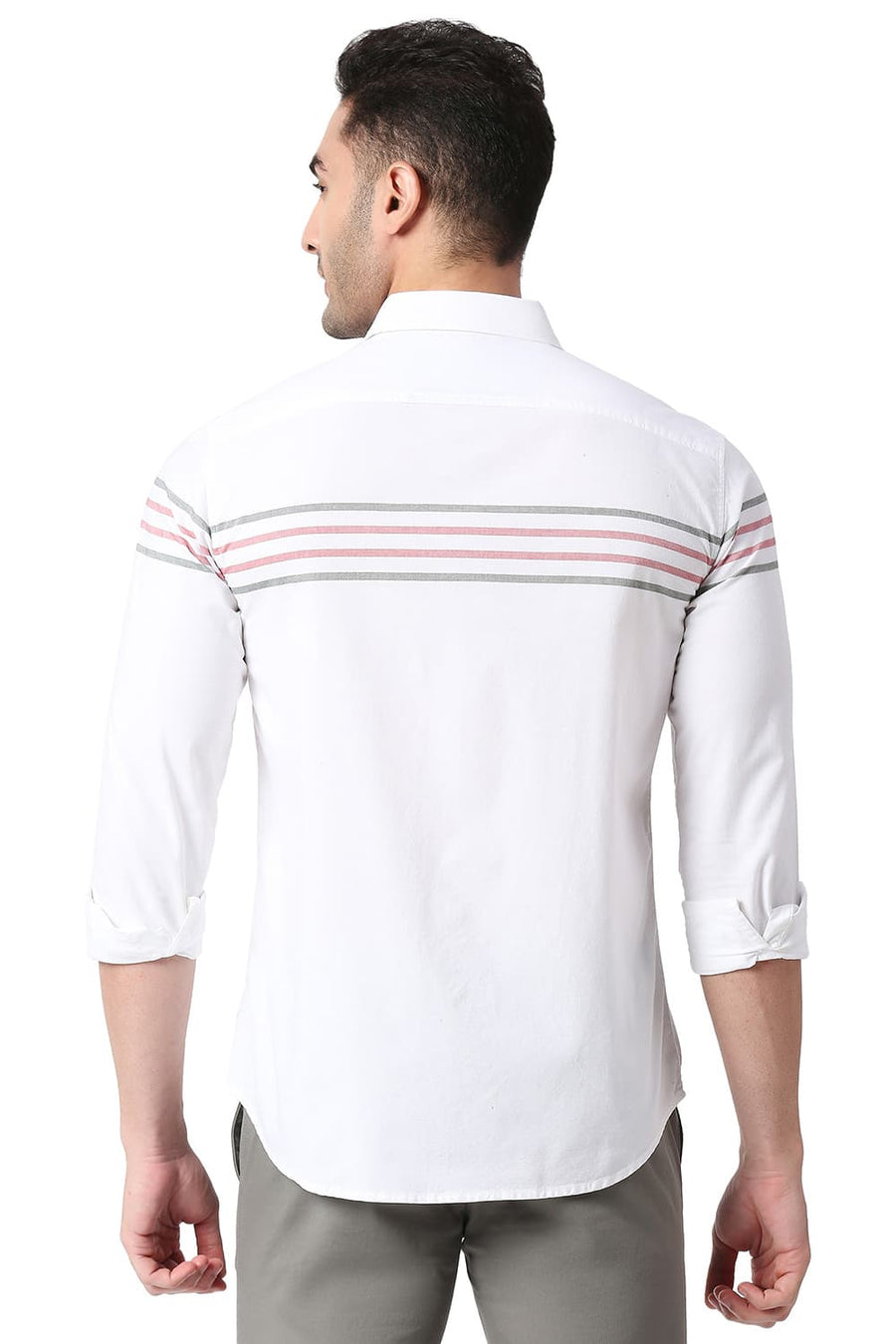 BASICS SLIM FIT CLOUD WHITE COTTON OXFORD WEFT ENG STRIPE SHIRT