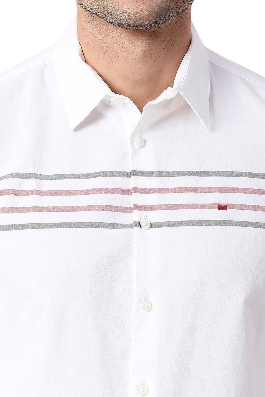 BASICS SLIM FIT CLOUD WHITE COTTON OXFORD WEFT ENG STRIPE SHIRT