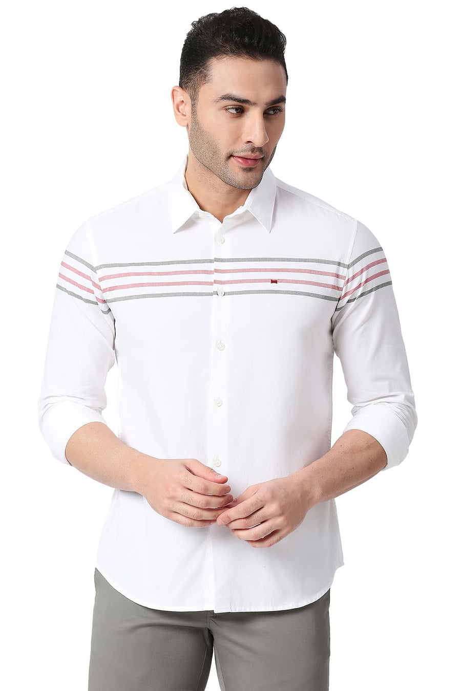 BASICS SLIM FIT CLOUD WHITE COTTON OXFORD WEFT ENG STRIPE SHIRT