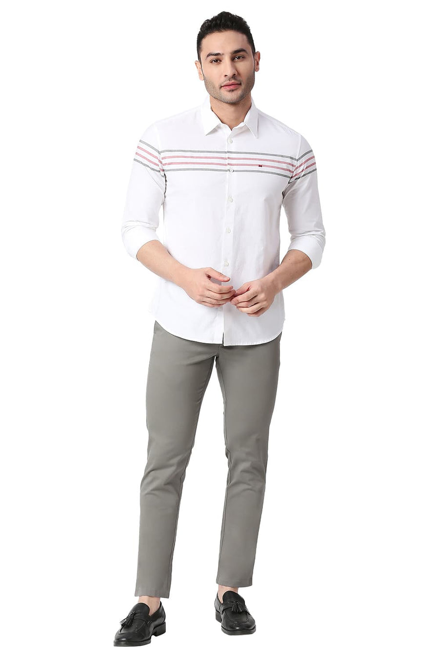 BASICS SLIM FIT CLOUD WHITE COTTON OXFORD WEFT ENG STRIPE SHIRT