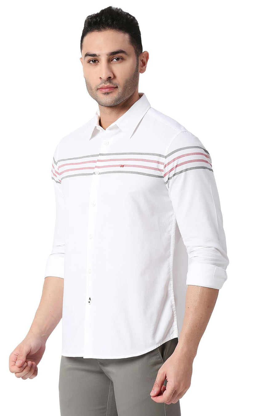BASICS SLIM FIT CLOUD WHITE COTTON OXFORD WEFT ENG STRIPE SHIRT