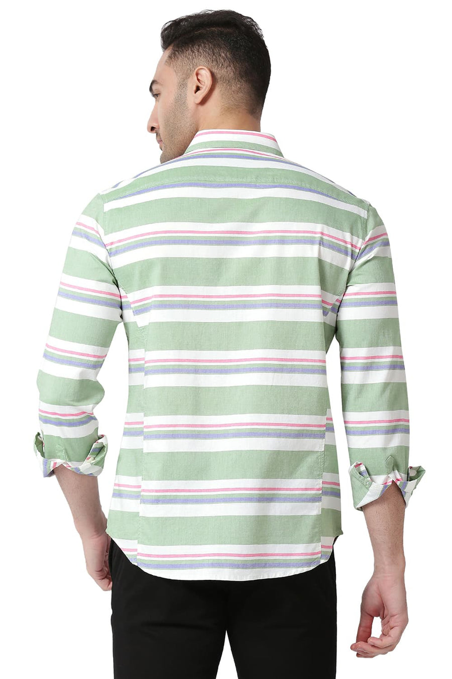 BASICS SLIM FIT LAUREL GREEN COTTON OXFORD WEFT STRIPE SHIRT