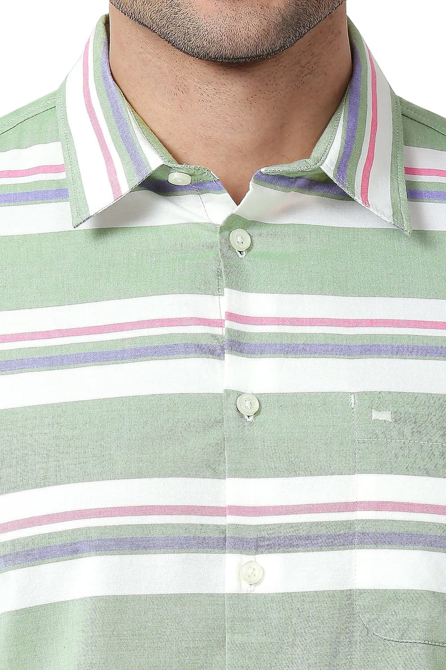 BASICS SLIM FIT LAUREL GREEN COTTON OXFORD WEFT STRIPE SHIRT