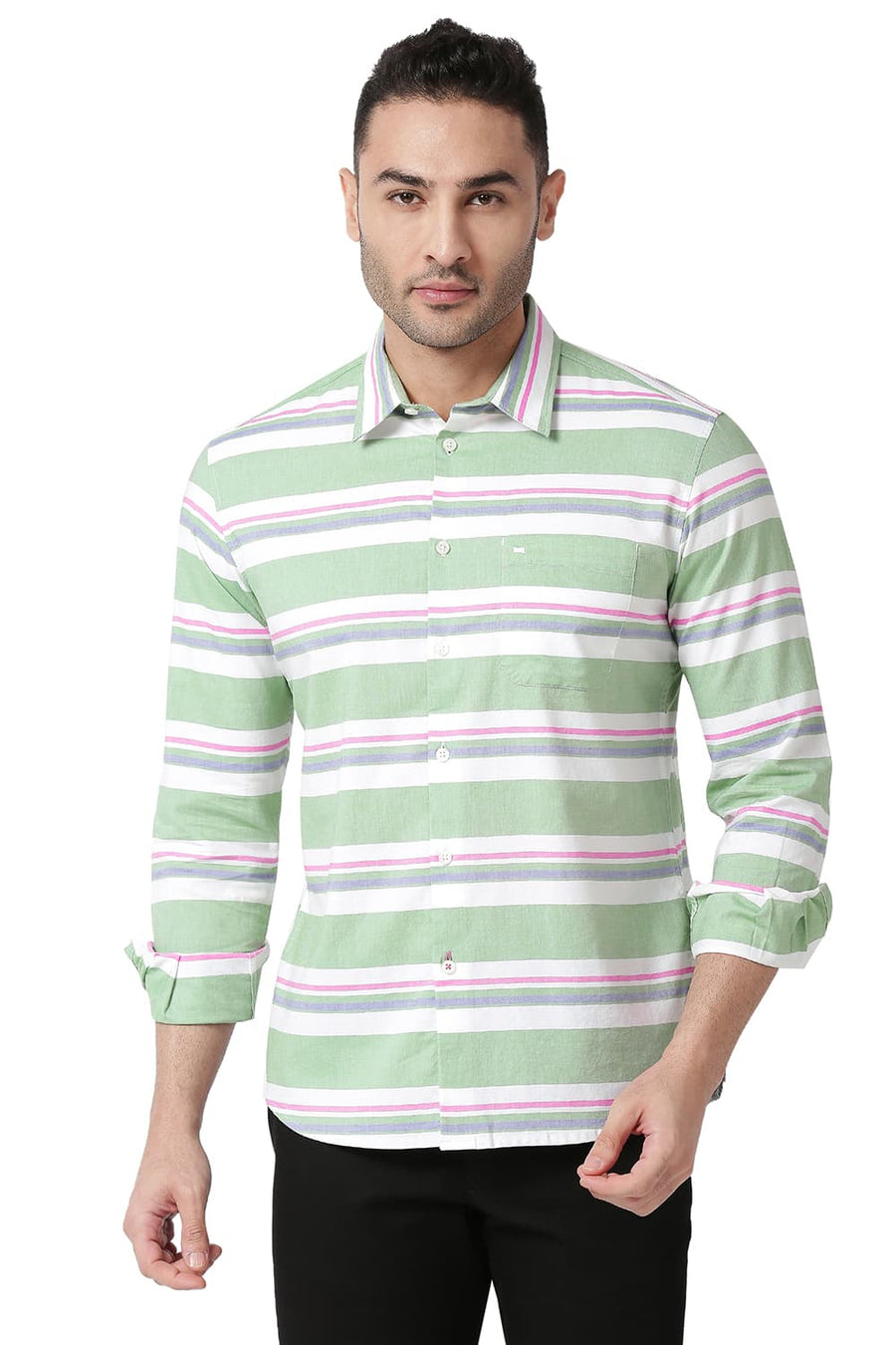 BASICS SLIM FIT LAUREL GREEN COTTON OXFORD WEFT STRIPE SHIRT