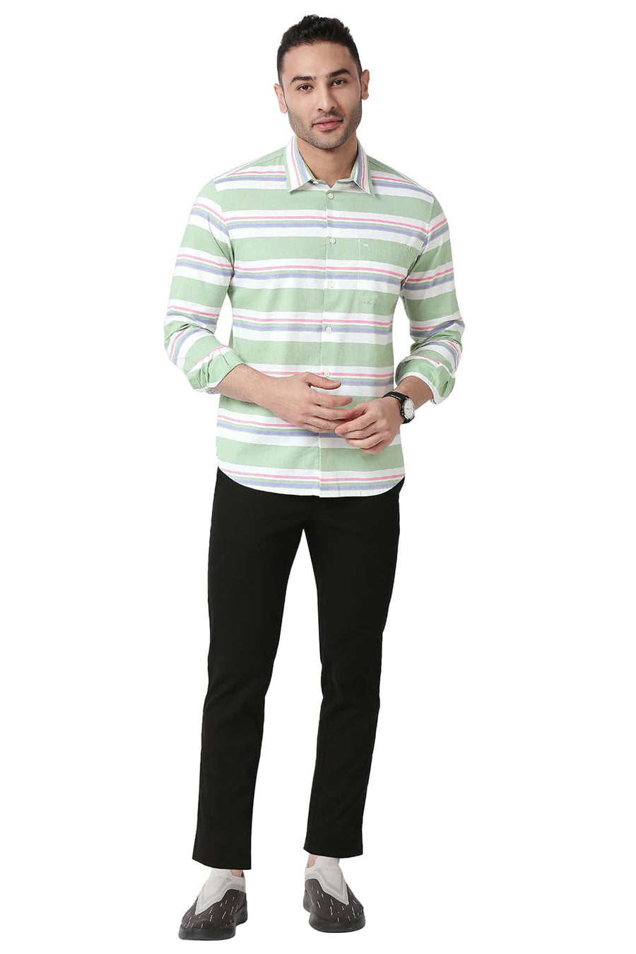 BASICS SLIM FIT LAUREL GREEN COTTON OXFORD WEFT STRIPE SHIRT