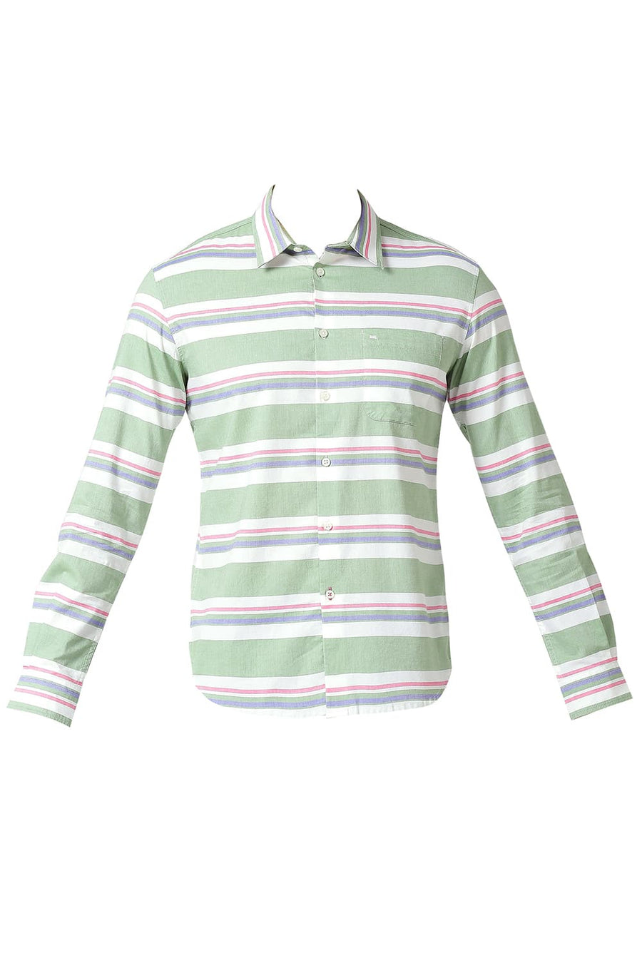 BASICS SLIM FIT LAUREL GREEN COTTON OXFORD WEFT STRIPE SHIRT